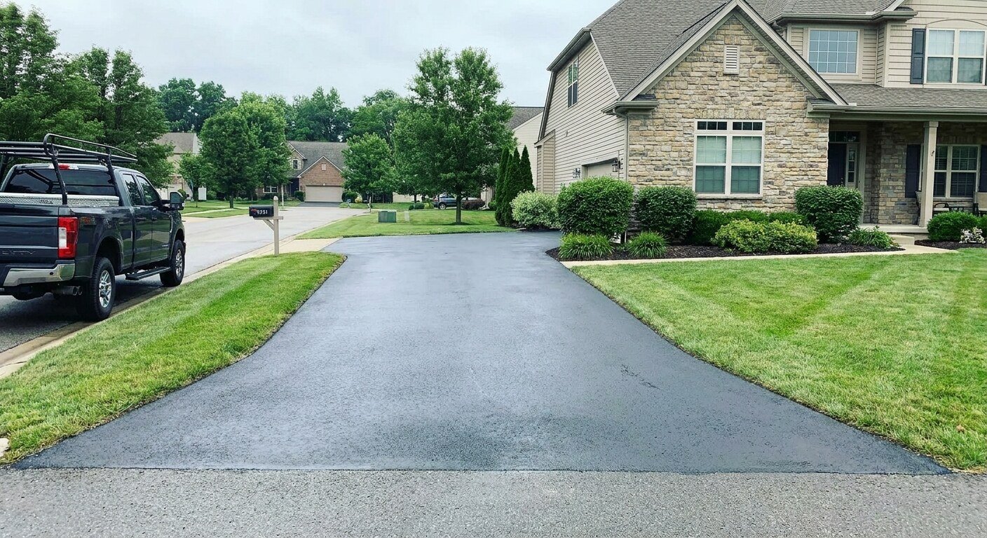 Freshly sealcoated residential asphalt driveway with a deep black finish in Canal Winchester