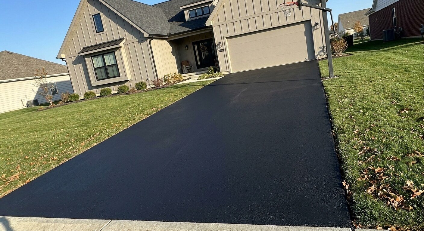 Freshly sealcoated residential asphalt driveway with a deep black finish in New Albany