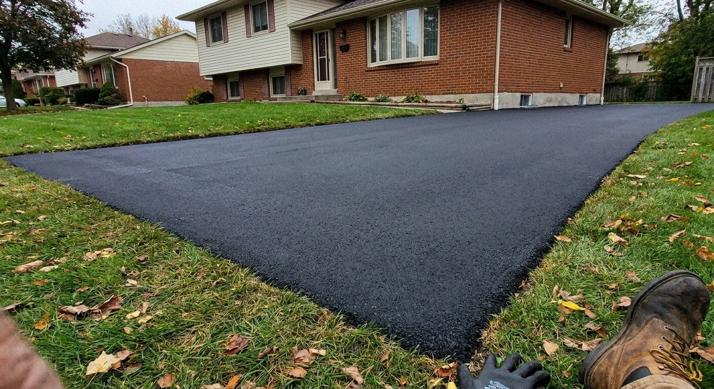Freshly sealcoated residential asphalt driveway with a deep black finish in Galloway