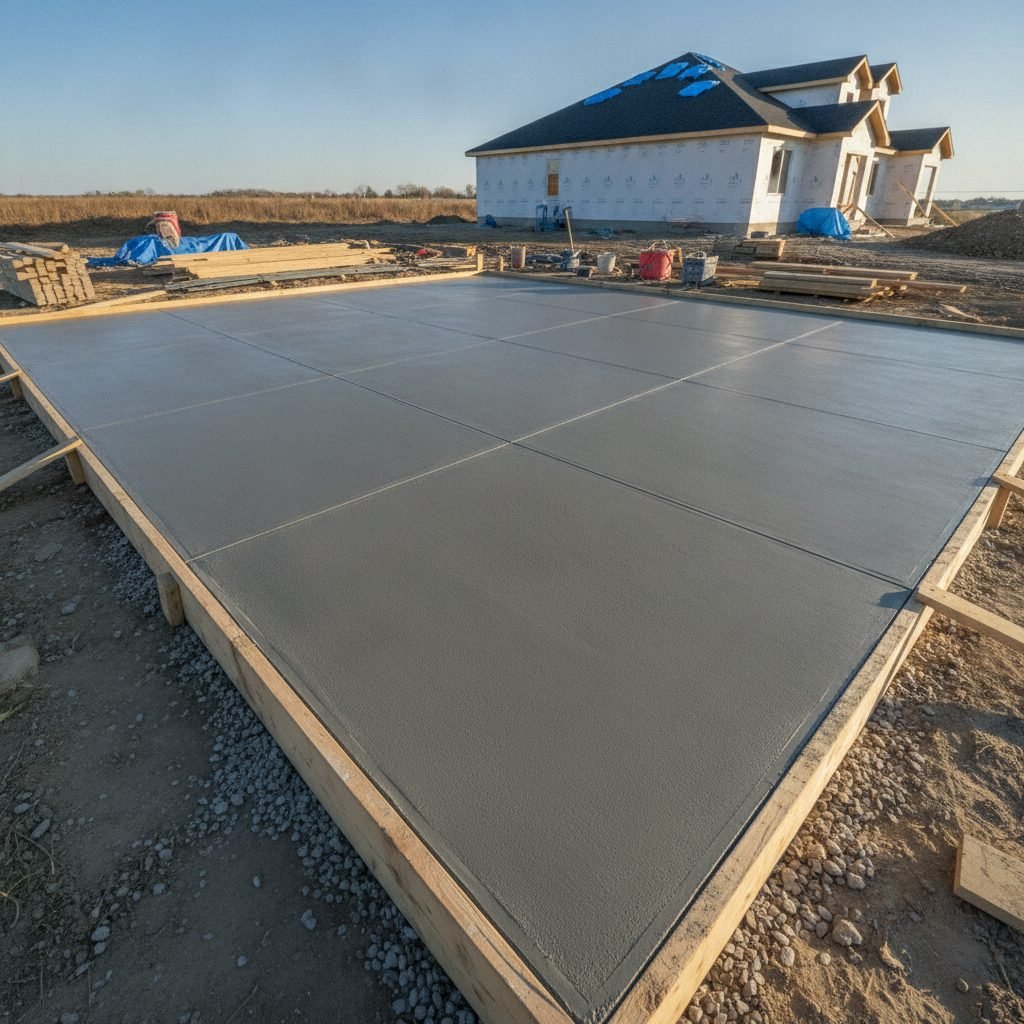 Freshly poured gray concrete garage slab with crisp edges and control joints