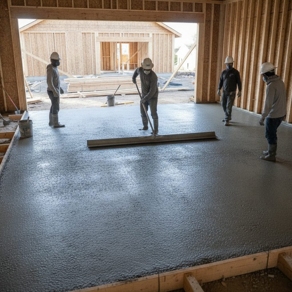 Workers finishing a freshly poured concrete garage slab with a bull float