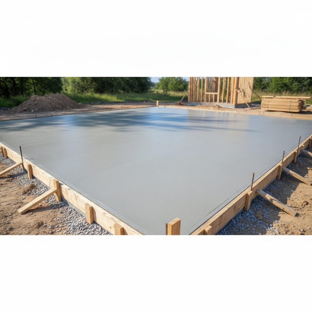 Freshly poured smooth gray concrete slab foundation for a garage or shed