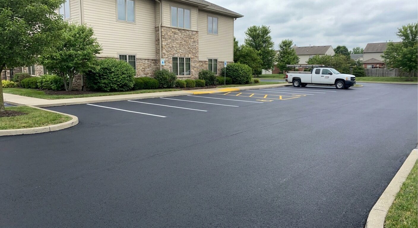 Freshly striped commercial asphalt parking lot with crisp white and yellow lines in Columbus