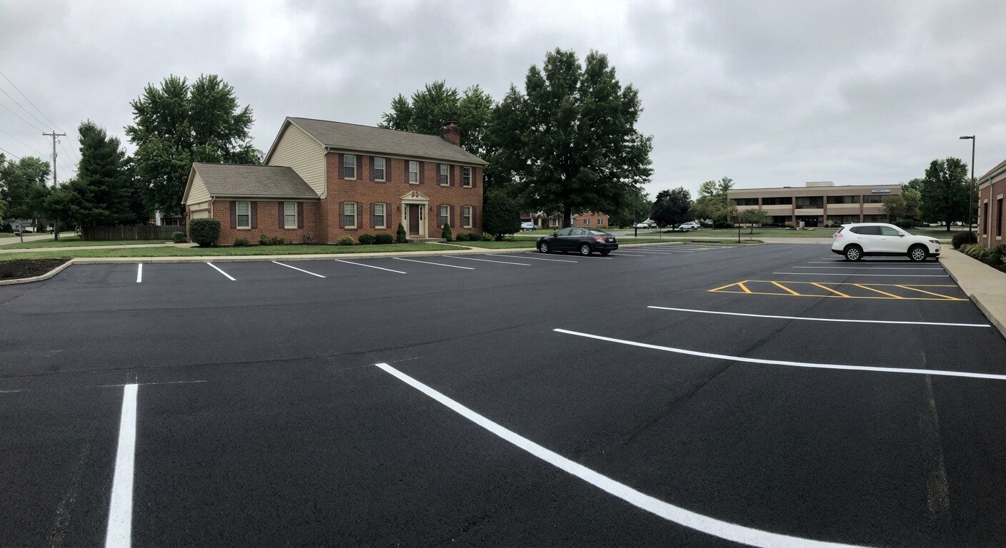 Freshly striped commercial asphalt parking lot with crisp white and yellow lines in Upper Arlington