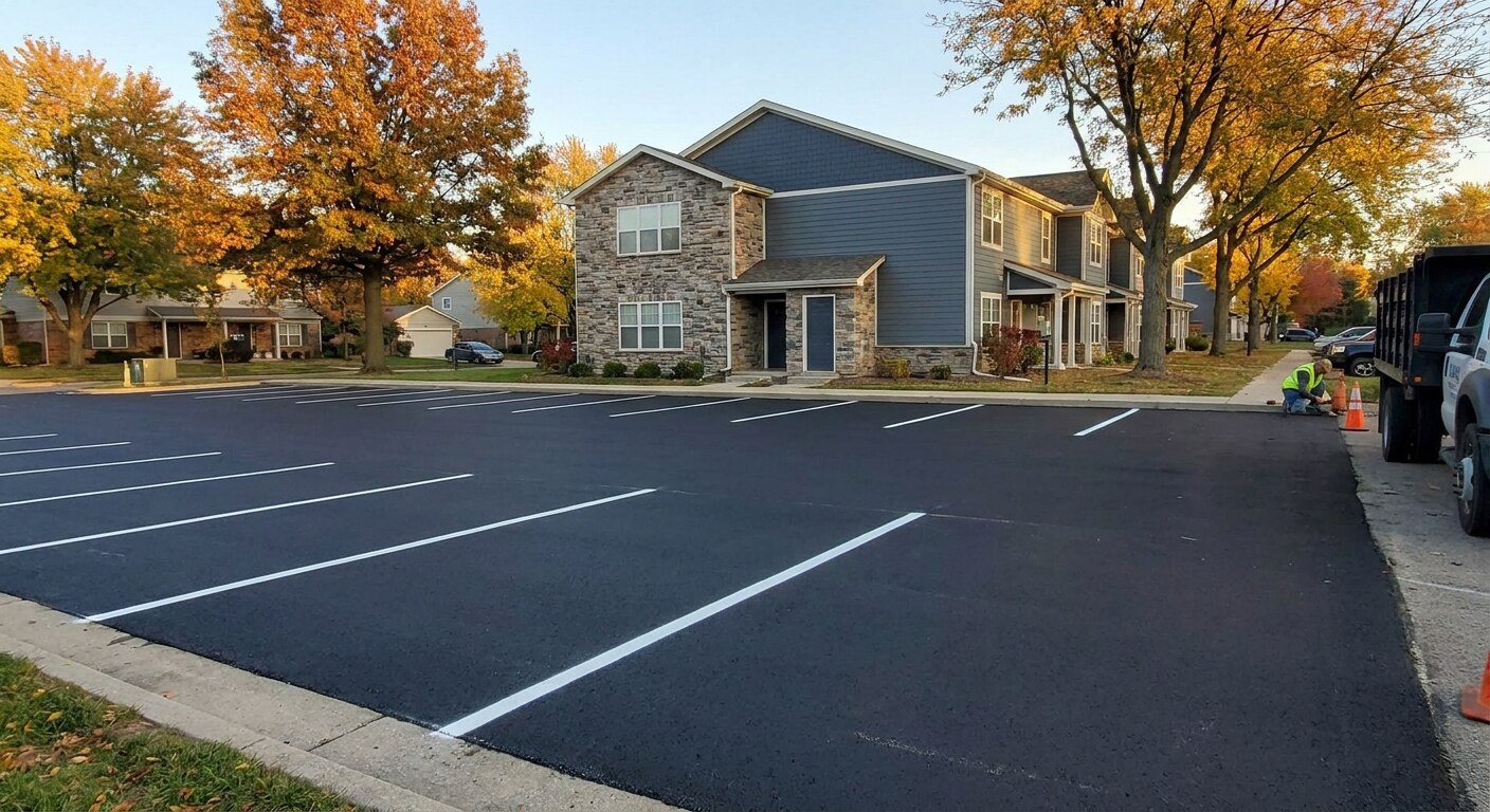 Freshly paved commercial asphalt parking lot in Powell