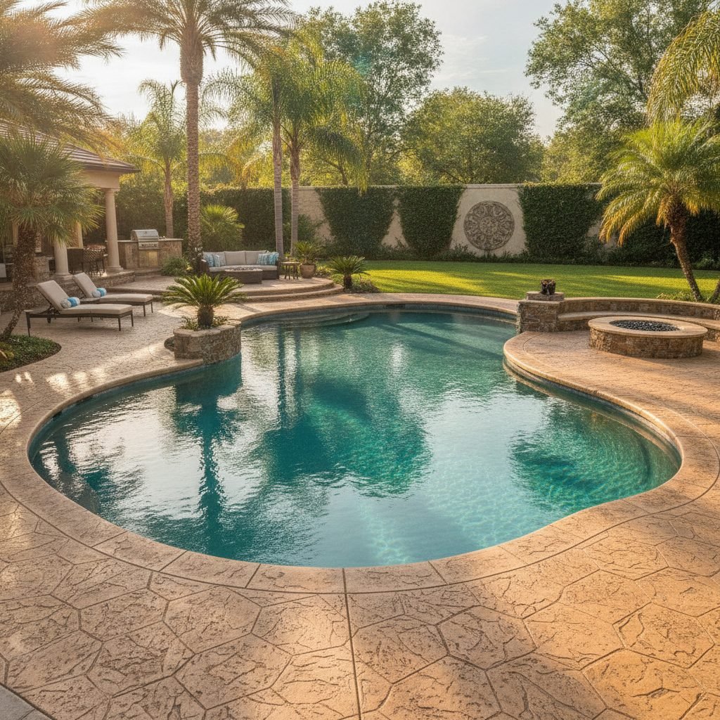 Stamped concrete pool deck surrounding an in-ground swimming pool with a slip-resistant textured surface