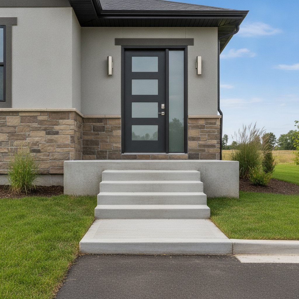 Solid poured concrete front steps and a stoop leading to a home entrance