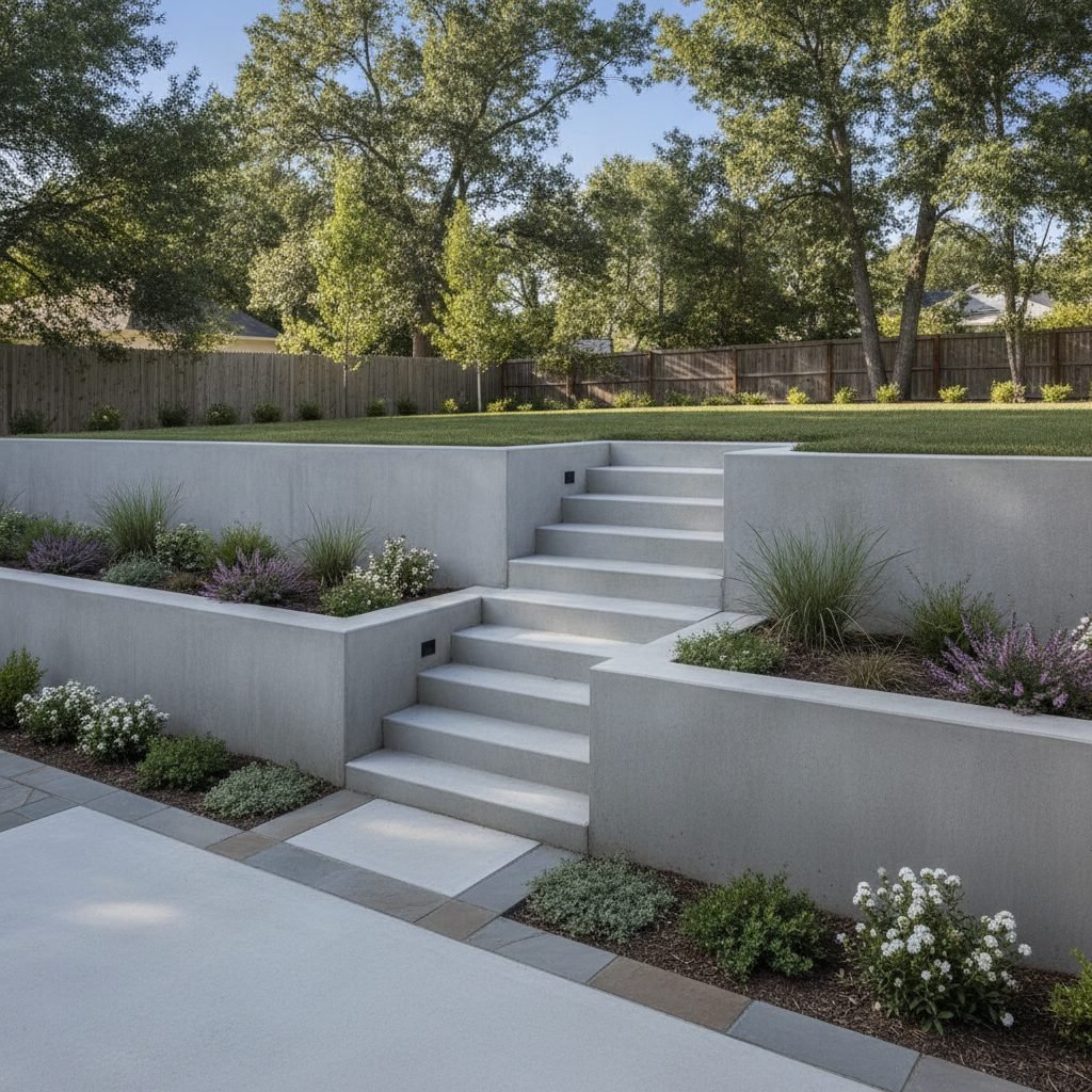 Poured concrete retaining wall with integrated steps in a terraced backyard landscape