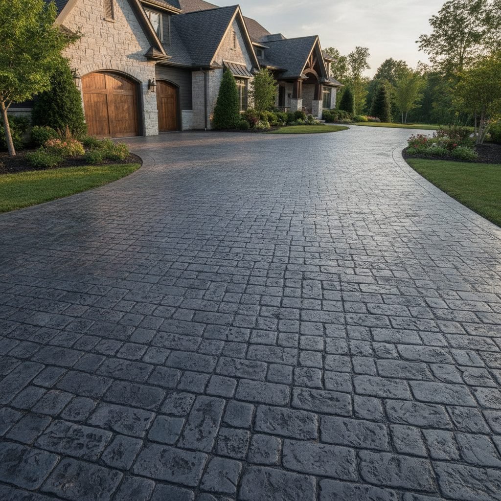 Stamped concrete driveway imprinted to look like natural cobblestone