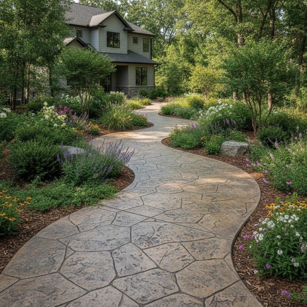 Stamped concrete walkway winding through a landscaped garden with a stone-look finish