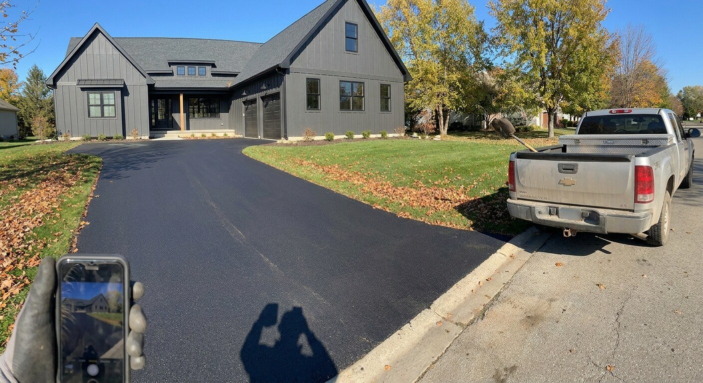 New two-car-width asphalt driveway at a suburban home in Worthington, Ohio.